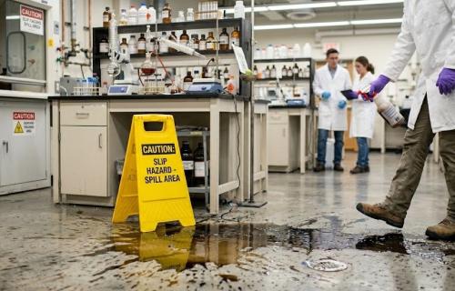 Slip hazard sipp area sign in a lab next to a puddle